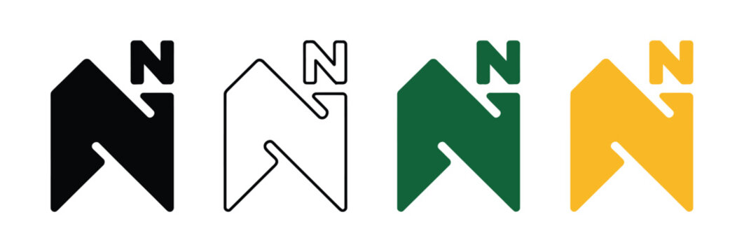 North direction arrow icon set, compass north indicator vector symbols in black, outline, green, and yellow styles for navigation, maps, wayfinding, GPS, orientation, cartography, and location design