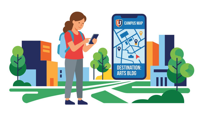 Female Student Navigating University Campus Using Smartphone Map App Illustration