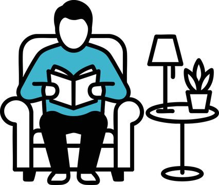 A man sitting in an armchair reading a book with a lamp and a potted plant on a side table next to him