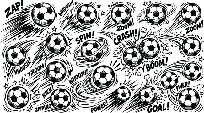 Black and white soccer balls with comic effects
