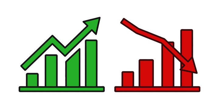 Green rising bar chart with upward arrow and red falling bar chart with downward arrow isolated on transparent background