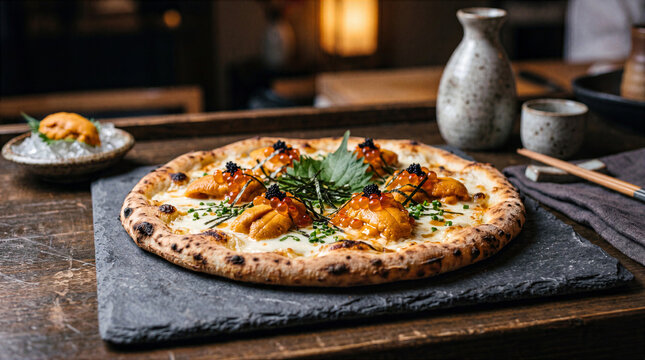 Gourmet sea urchin uni pizza with salmon roe caviar and shiso on dark slate with sake bottle in a moody Japanese setting
