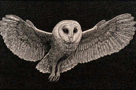 A barn owl flies with its wings spread wide against a dark backdrop, highlighting a unique printmaking style with bold lines and texture.