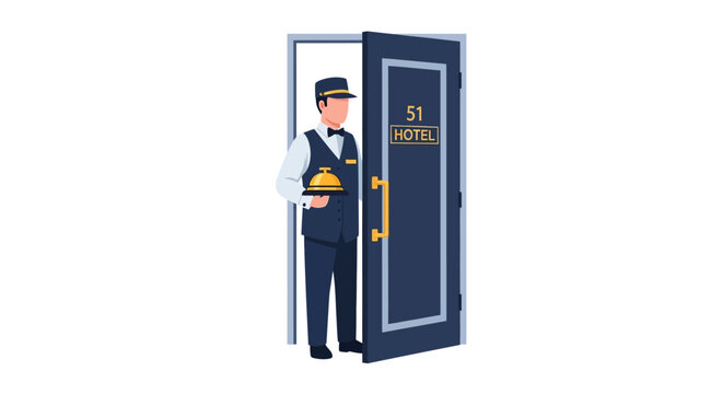 Hotel Bellhop opens door with room number 51, offering service and hospitality