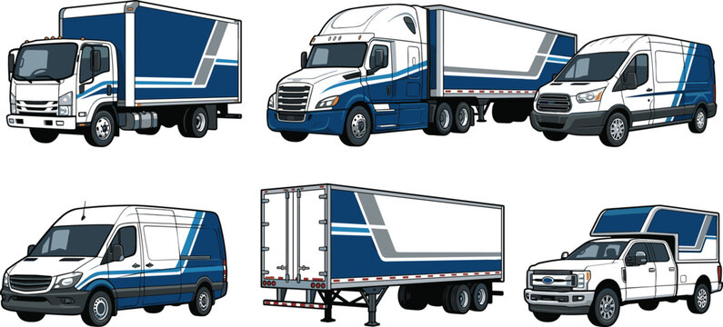Commercial transport vehicle fleet set featuring semi truck cargo vans box truck trailer and pickup with blue branding wrap livery for logistics shipping and distribution mockup