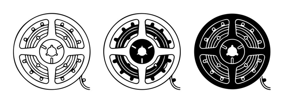 Vector cable reel icons, cable spool illustrations, wire drum graphics, black and white