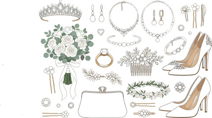 Comprehensive bridal accessories mega bundle featuring wedding bouquet tiara necklaces diamond rings high heel shoes and jewelry elements for commercial design © AntarChandra