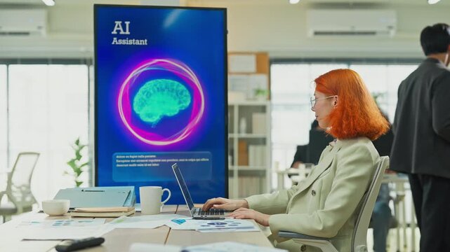 Caucasian female marketer using laptop and AI consultant on multiple screens to restructure business and marketing strategy in modern open office, digital transformation planning concept