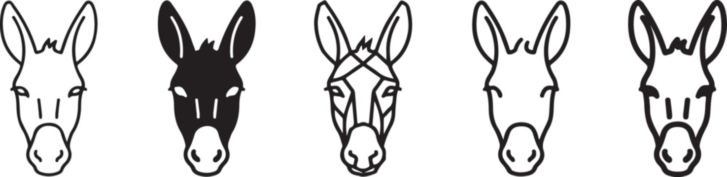 Donkey Head Vector Icon Set, Farm Animal Outline Silhouette Collection, Black and White Line Art Illustration, Editable Vector Clipart