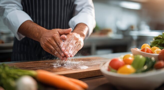 a person in an apron preparing food on a wooden cutting board in a kitchen with fresh vegetables nea