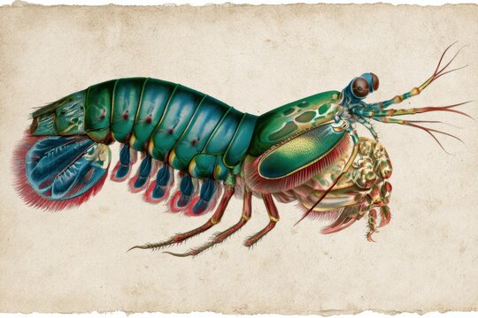 A peacock mantis shrimp is depicted in vivid colors showcasing its unique body structure and features on aged paper from the Victorian era