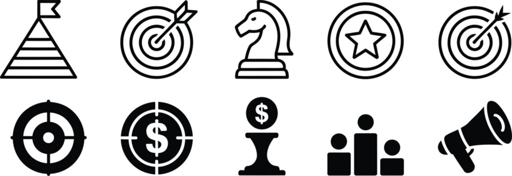 Hand drawn vector illustration set of abstract icons and symbols including chess pawn, yoga, lotus, business success signs, people silhouettes, web design elements and game concepts