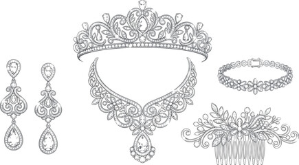 Elegant bridal jewelry sketch set featuring diamond tiara necklace dangle earrings bracelet and hair comb for wedding accessory commercial branding layouts © AntarChandra