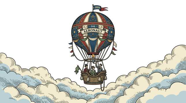 Vintage Hot Air Balloon with Aeronauts Flying Above Clouds, Steampunk Style Illustration