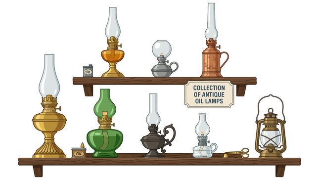 Vintage Oil Lamps Collection Displayed on Wooden Shelves