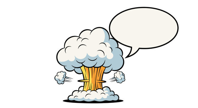 Cartoon style mushroom cloud explosion with a blank speech bubble, representing a big impact or a dramatic announcement on an isolated white background.