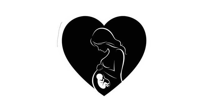 Solid black heart shape encompassing the silhouette of a pregnant woman holding her belly with a visible fetus, signifying deep maternal love and new life on an isolated white background.