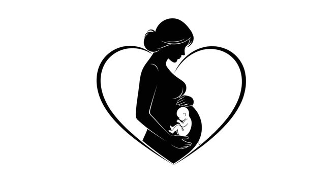 Stylized black silhouette of a pregnant woman holding her belly with a fetus inside a heart shape, symbolizing pregnancy and new life on an isolated white background.