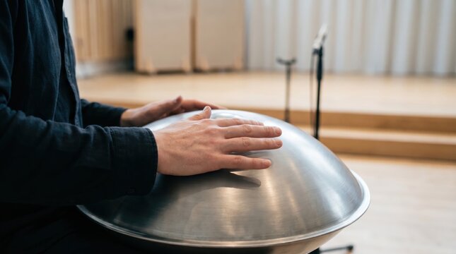 Close up of musician hands playing a shiny metal handpan drum in a recording studio