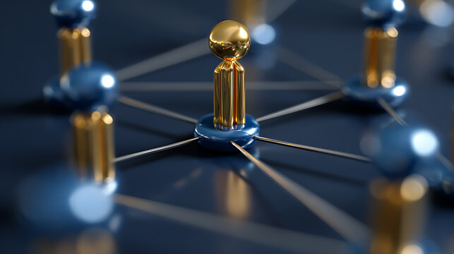 Central Hub of Connections: Golden Pin Anchors a Network Structure Amidst Blue Nodes on Reflective Surface, Illustrating Core Importance in Connectivity