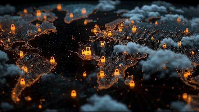 abstract cloud social media innovative cyber security network, using interconnected nodes to represent business partnerships on the Smart digital Innovation city with connection network reciprocity ov