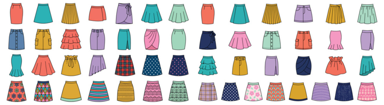 Collection of Colorful Women's Skirt Fashion Illustrations Showing Various Styles and Patterns