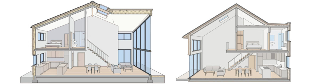 Cutaway Section of Modern Two-Story Home Interior Showing Open-Plan Living Kitchen Bedroom and Staircase