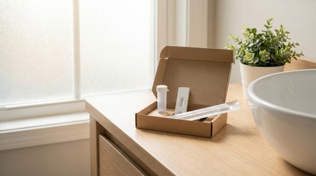 Rapid antigen test kit in an open cardboard box on a bathroom vanity near a window