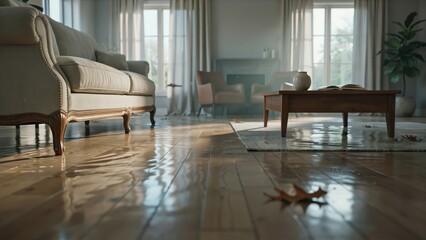 Fototapeta premium Modern living room interior flooded with standing water on hardwood flooring