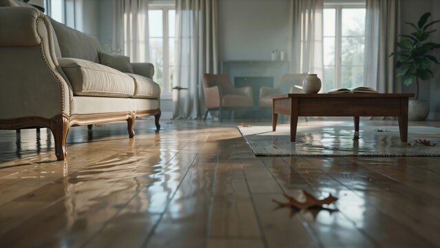 Modern living room interior flooded with standing water on hardwood flooring