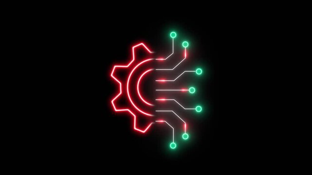 Animated Circuit board and gear glowing line icon with hi-tech digital data connection system, Alpha channel, transparent background. 4K resolution