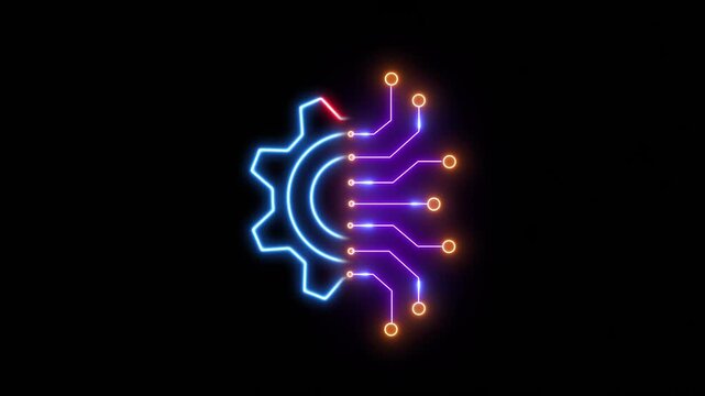 Animated Circuit board and gear glowing line icon with hi-tech digital data connection system, Alpha channel, transparent background. 4K resolution