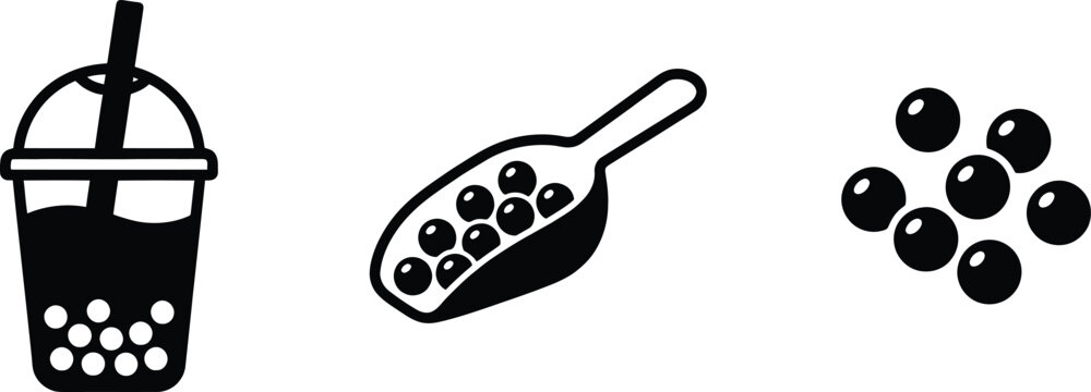 Black and white boba tea icons with straw and scoop