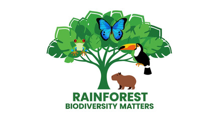 Obraz premium Rainforest Biodiversity Matters: Tree with Animals and Butterfly