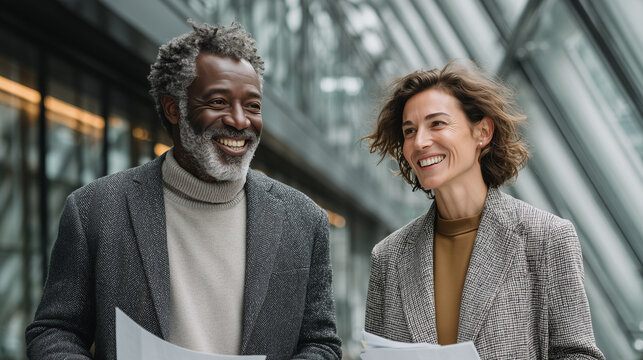 a man and a woman in a bright, modern office space. They are standing together, smiling, and discussing documents held in their hands. Natural, bright daylight flooding through lar