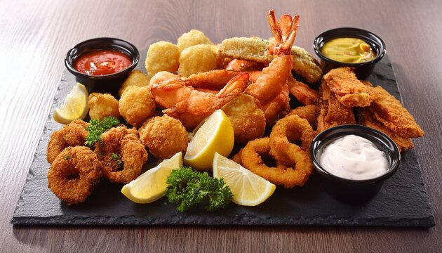 a platter of assorted fried seafood with dipping sauces and lemon wedges