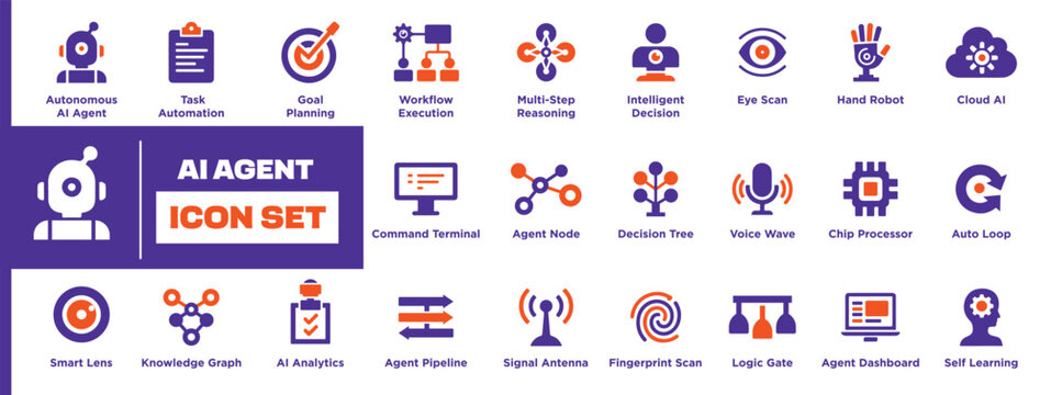 AI Agent Pictogram Icons Autonomous Automation Workflow Communication Data Intelligence Security Modern Solid Silhouette Collection