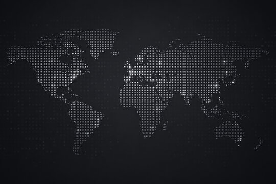 Pixelated world map on dark background, grid pattern