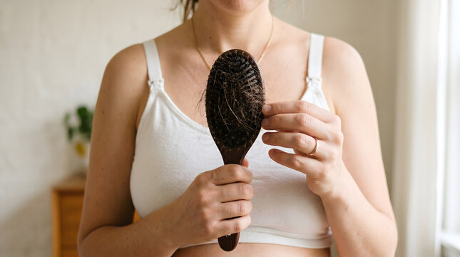 Woman holding hairbrush with excessive hair loss strand problem