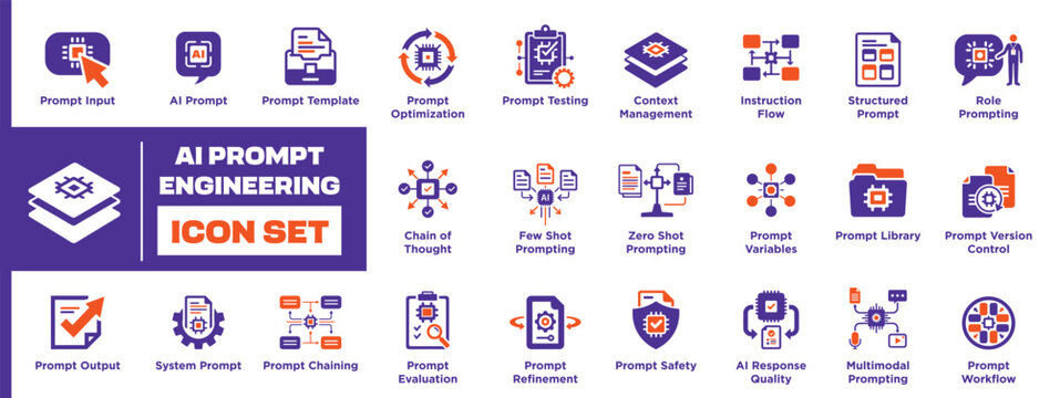 AI Prompt Engineering Pictogram Collection Featuring Prompt Design Optimization Workflow Templates Reasoning Modern Black Solid Icons