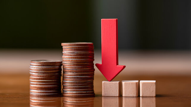 Red Arrow Point Downwards, Indicat Falling Trend and Financial Decline Against Stacked Coins and Wooden Blocks on a Desk