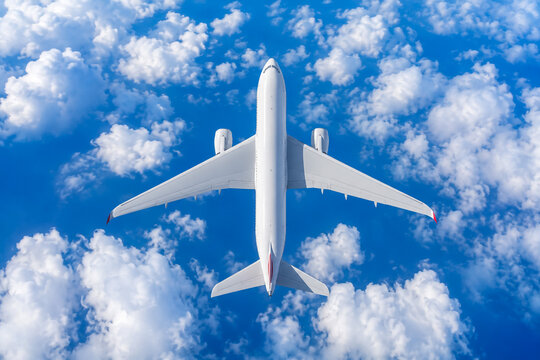 Airplane flying through blue sky with white clouds
