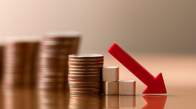 Conceptual image of financial decline with stacked coins, wooden blocks, and a prominent red arrow indicating a downward trend