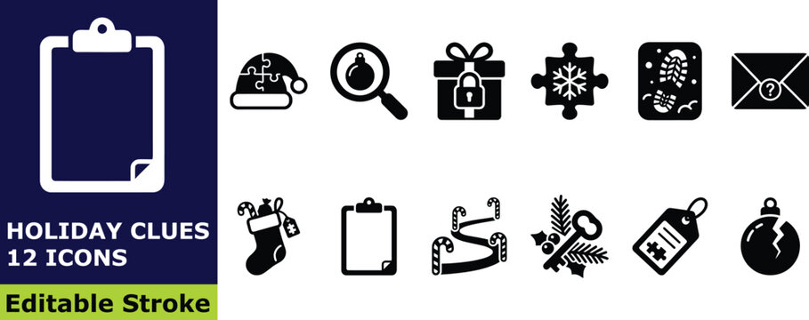 Holiday clues and mystery icon set, 12 vector pictograms of Christmas riddles, puzzles, and festive secret investigation elements
