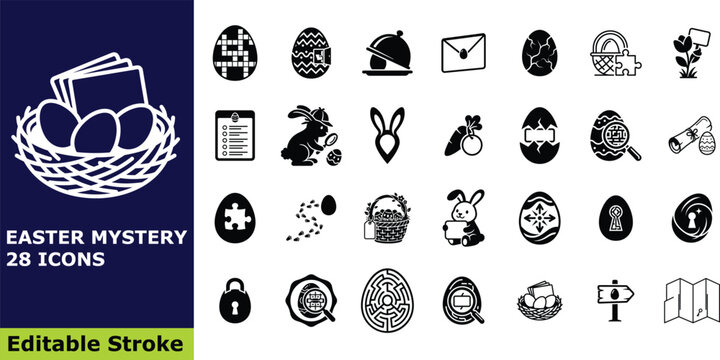 Easter mystery and egg hunt icon set, 28 vector pictograms of festive clues, riddles, secret investigation elements, and spring celebration symbols
