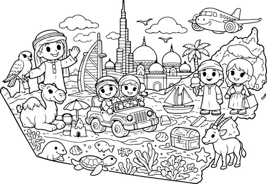 united arab emirates UAE landmarks cartoon outline hand drawn Line Art illustration doodle art coloring page for kids