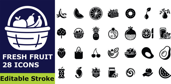 Fresh fruit and healthy food icon set, 28 vector pictograms of tropical fruits, berries, and organic nutrition elements for diet and lifestyle design
