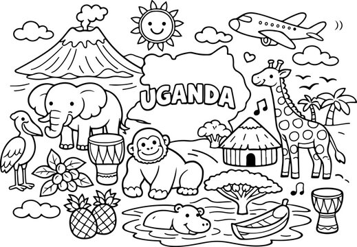 uganda landmarks cartoon outline hand drawn Line Art illustration doodle art coloring page for kids