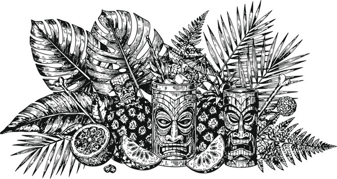 Engraving vintage tiki masks with pineapple and tropical leaves during a festive luau celebration