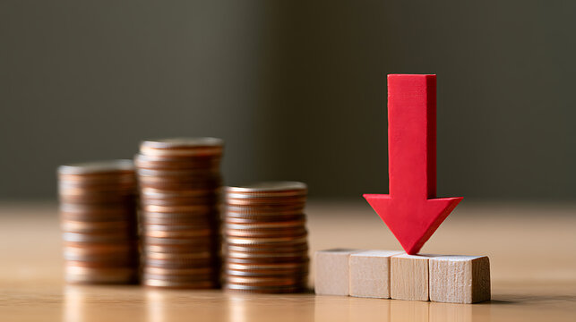Conceptual image of a red arrow pointing down onto wooden blocks, symbolizing financial decrease, market decline, or a downward trend in economy
